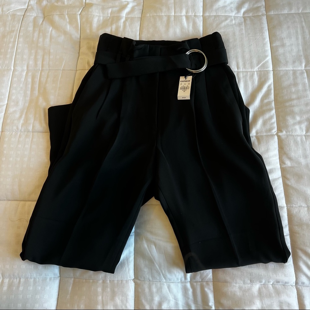 Black Belted Paper Bag Waist Ankle Pants
